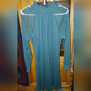 Nina Leonard Green Sheath Dress with Bishop Sleeves and Mock Neck